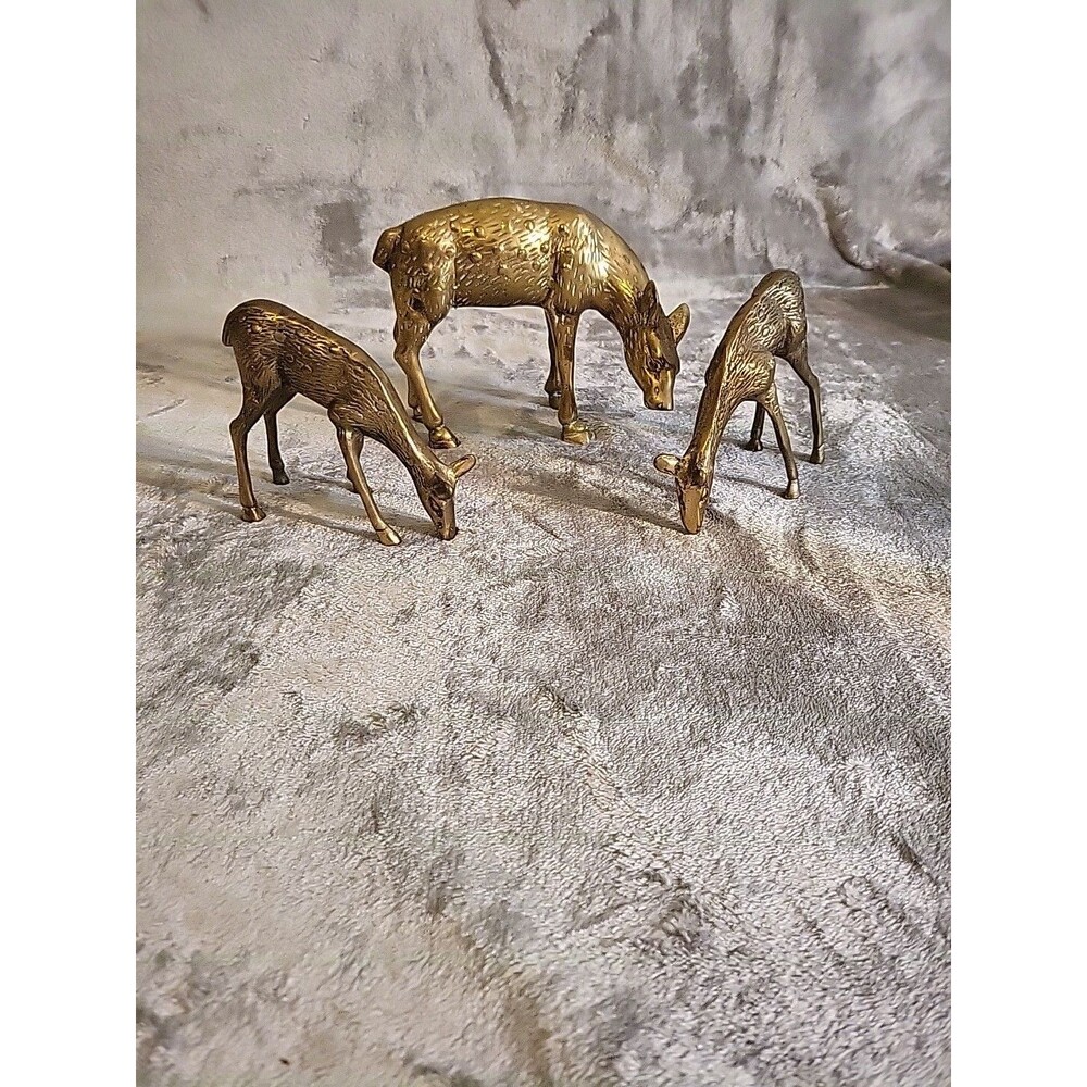 Lot 3 Cast Iron Gold Brass? Deer Doe Reindeer Stag Figurines Statues Grazing